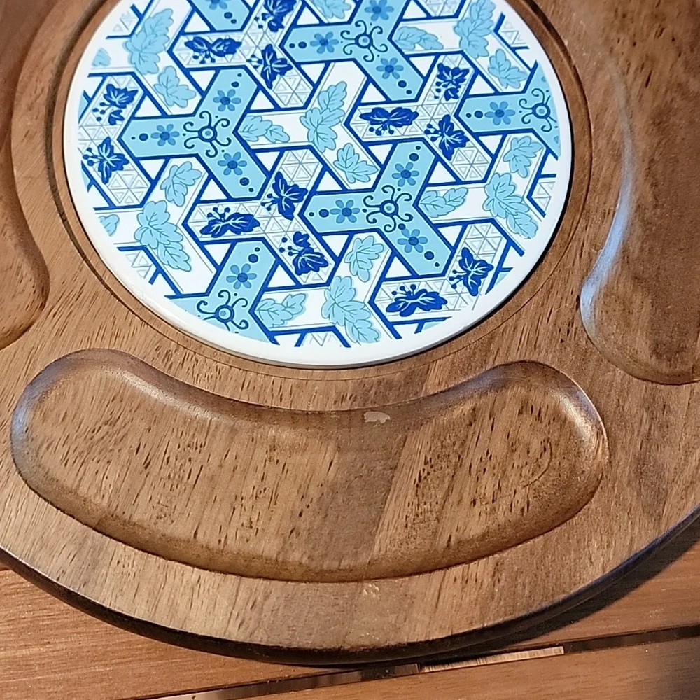 Vintage Gail Craft MCM‎ Wood Blue Porcelain Cheese Charcuterie Board
